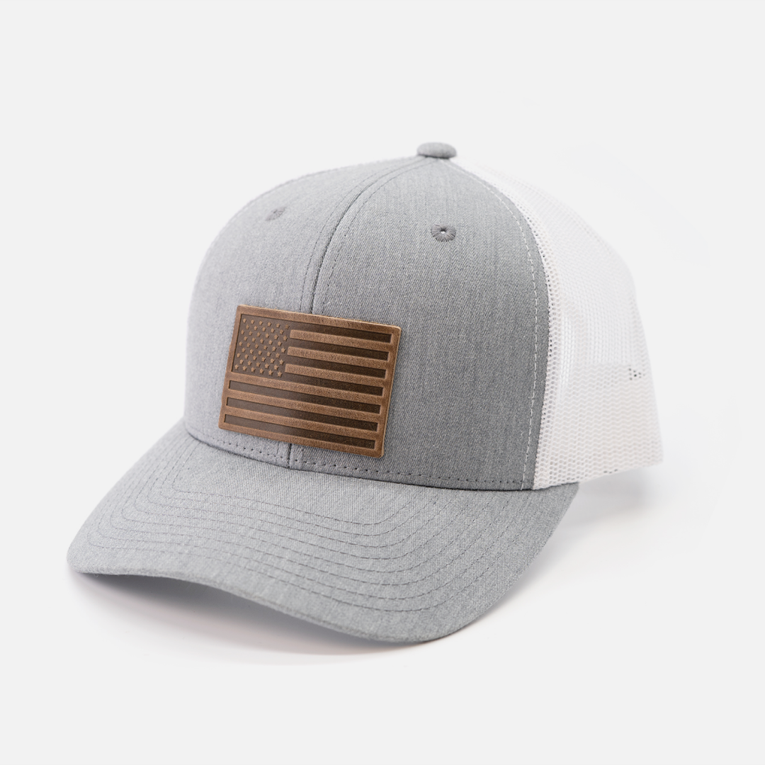 American Flag Hat - Leather Patch Trucker Snapback: Heather Gray/White