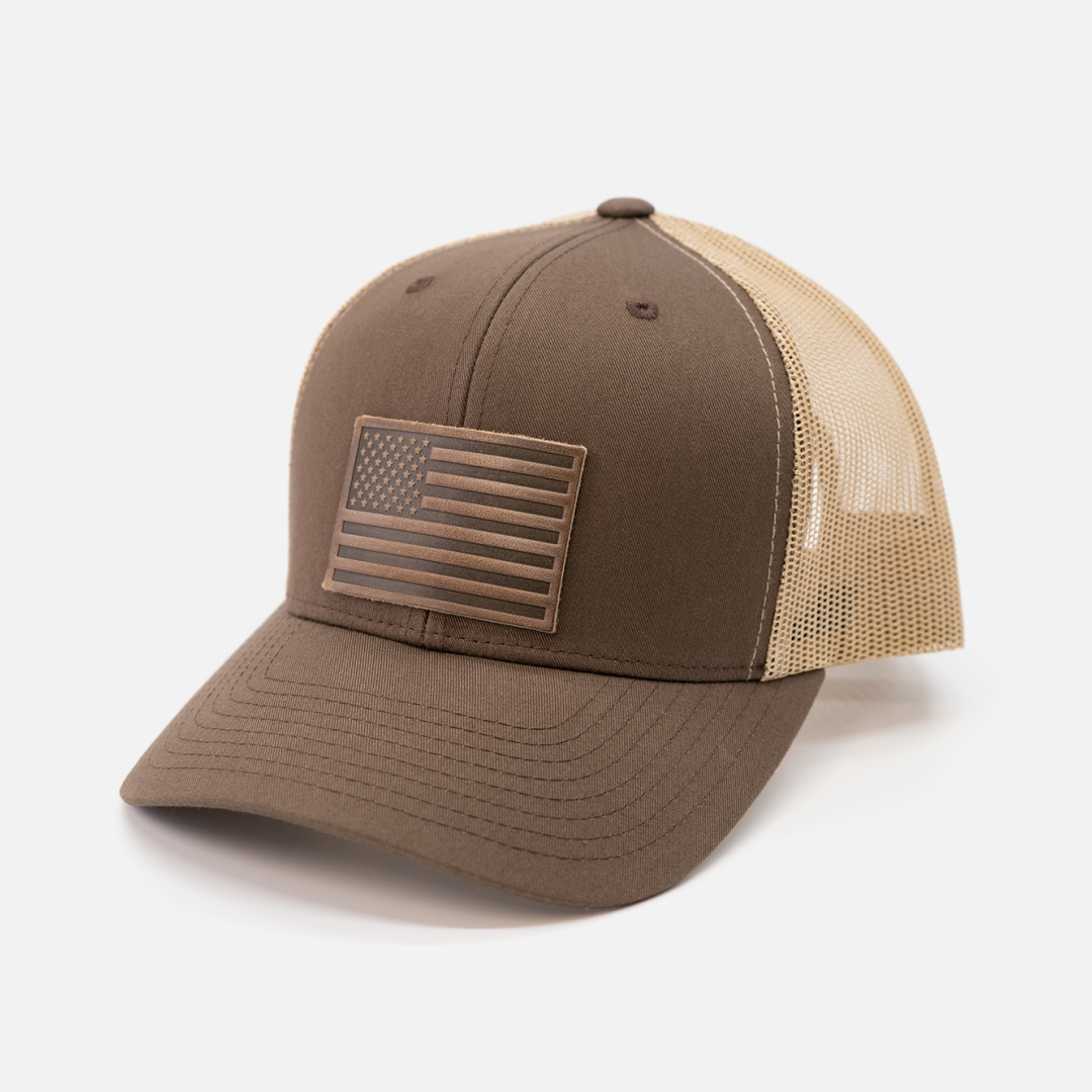 American Flag Hat - Leather Patch Trucker Snapback: Brown Khaki