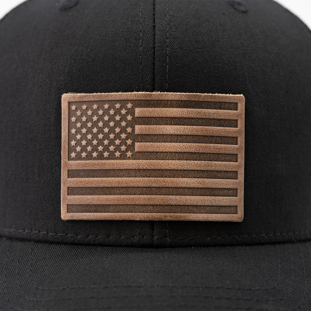 American Flag Hat - Leather Patch Trucker Snapback: Black