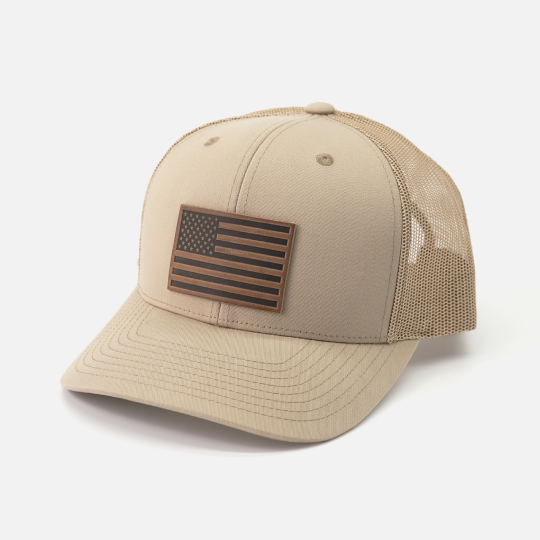 American Flag Hat - Leather Patch Trucker Snapback: Khaki