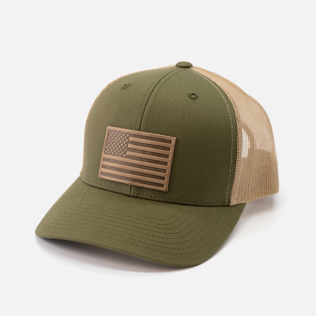 American Flag Hat - Leather Patch Trucker Snapback: Moss/Khaki