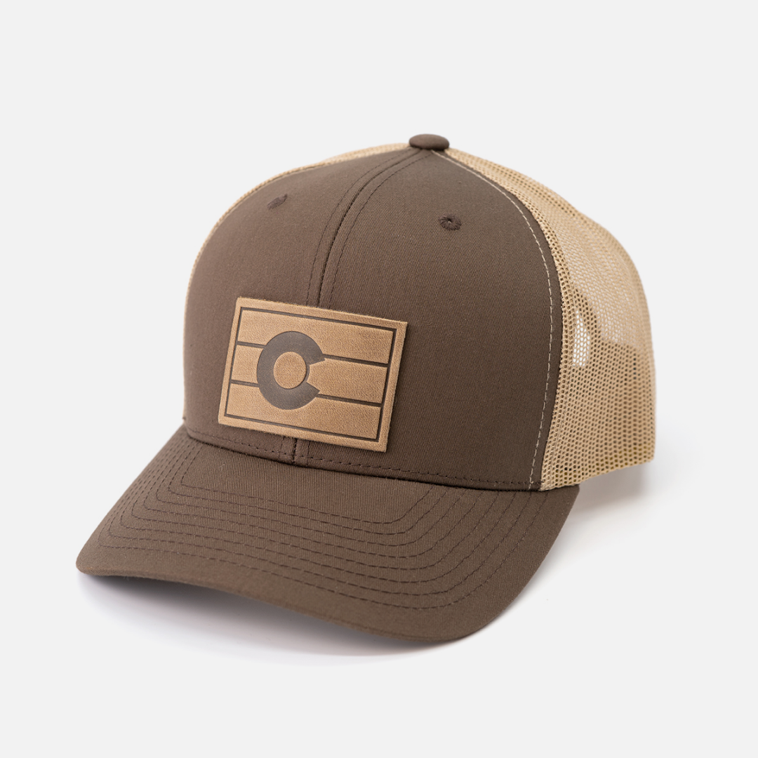 Colorado Flag Hat | Leather Patch Trucker Hat: Brown/Khaki