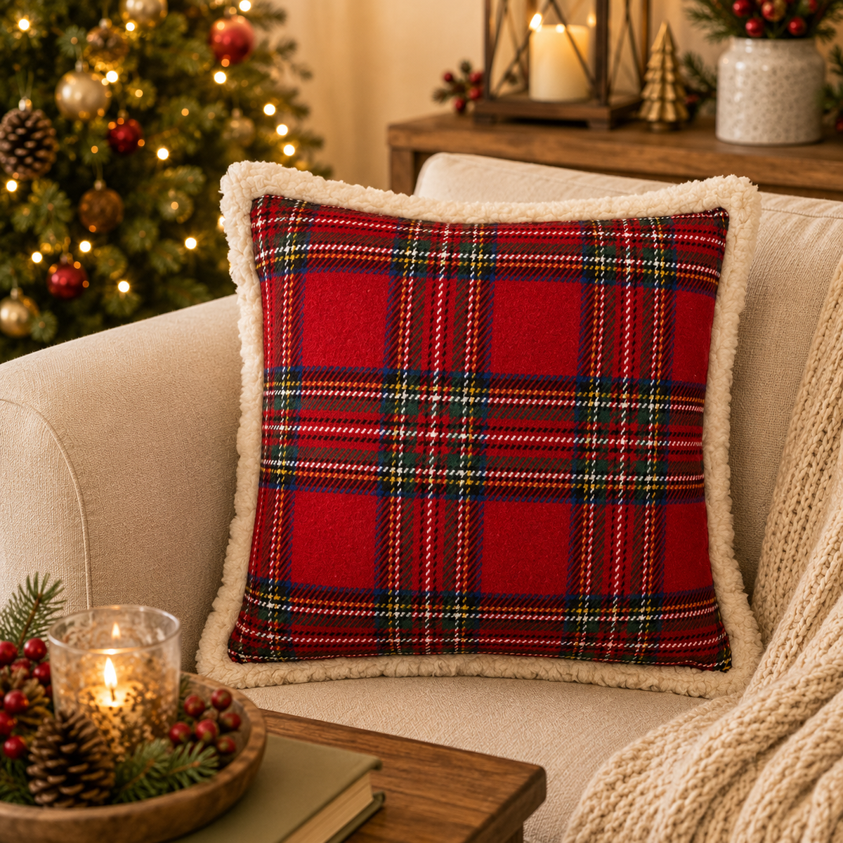 Tartan Plaid Sherpa 18" Throw Pillow : Red / Cover + Down-Filled Insert