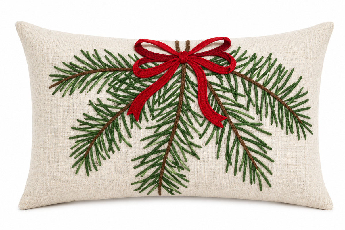Embroidered Pine Branch & Red Bow Throw Pillow Down-Filled  / 12"x20"