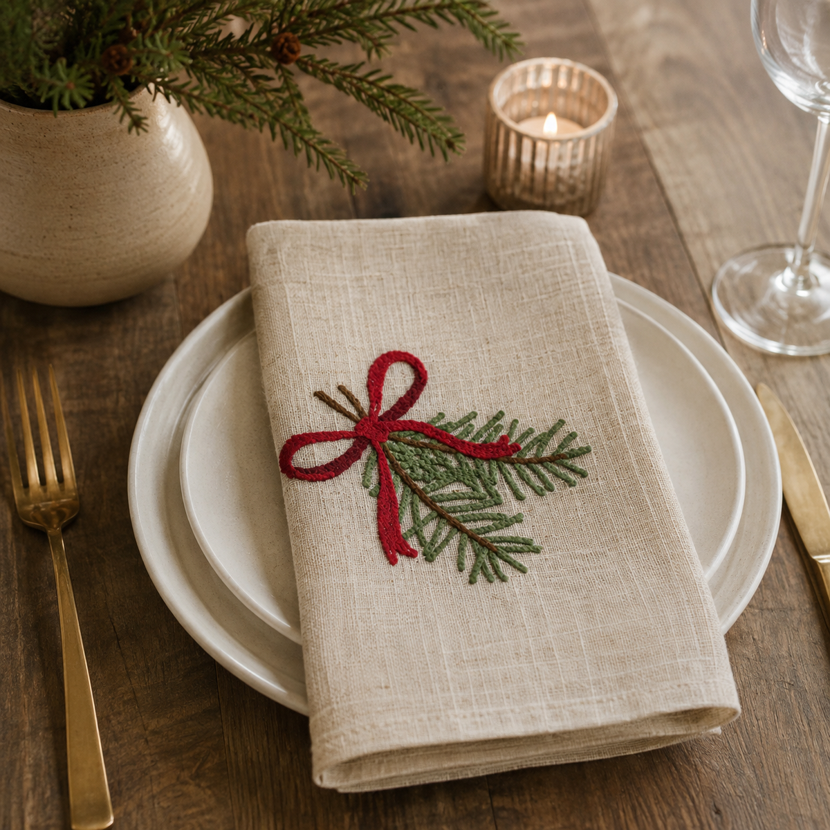 Embroidered Pinecone & Red Bow Holiday 20" Dinner Napkin