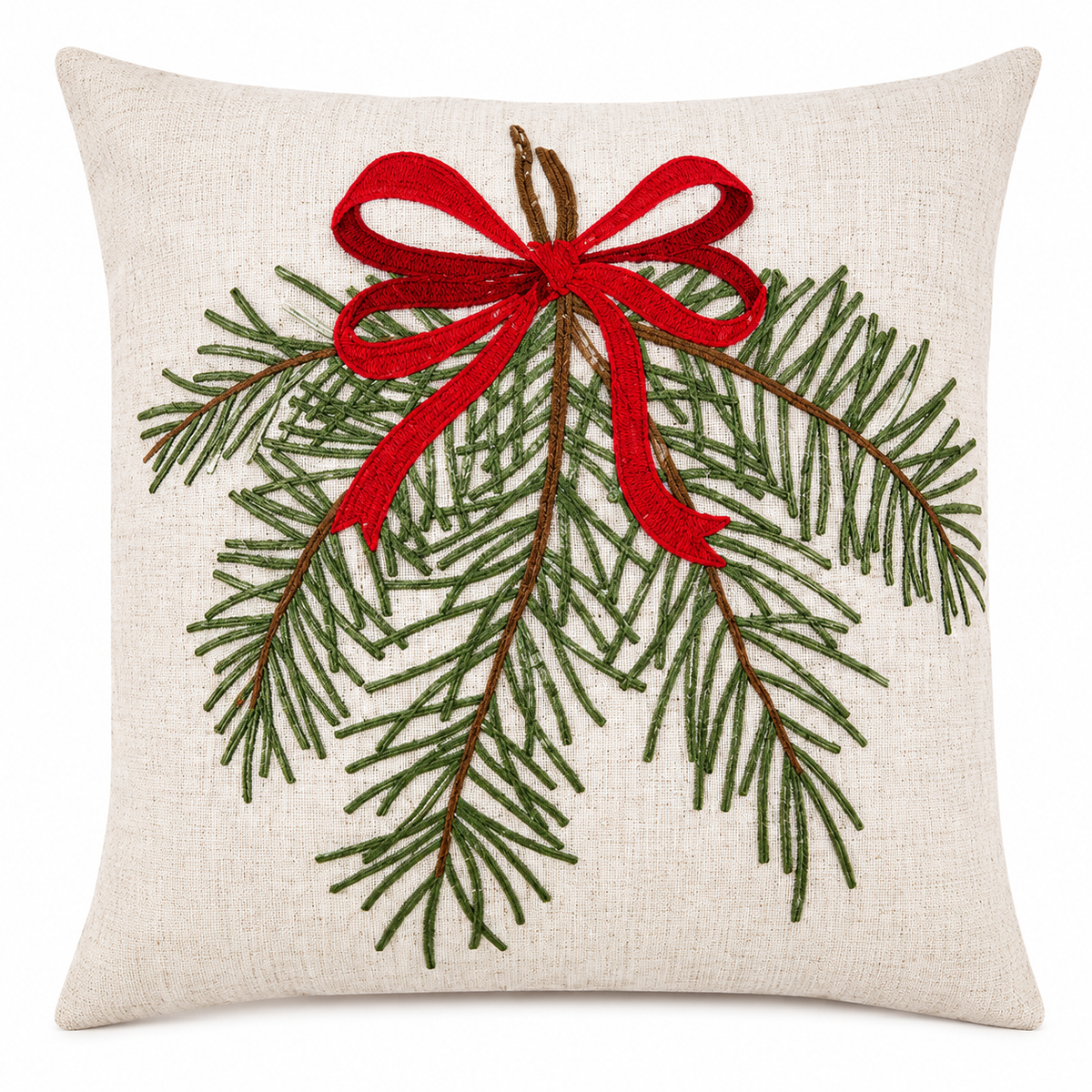 Embroidered Pine Branch & Red Bow Throw Pillow Down-Filled / 18"x18"