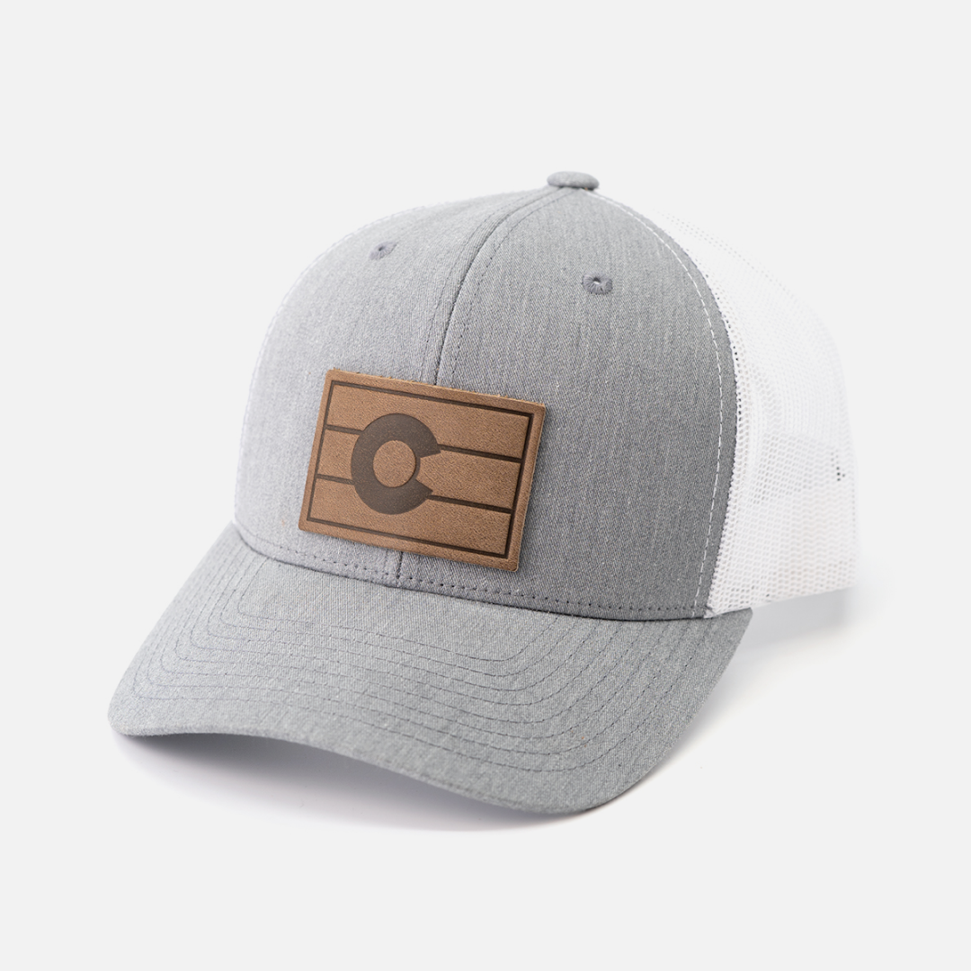 Colorado Flag Hat | Leather Patch Trucker Hat: Heather Gray/White