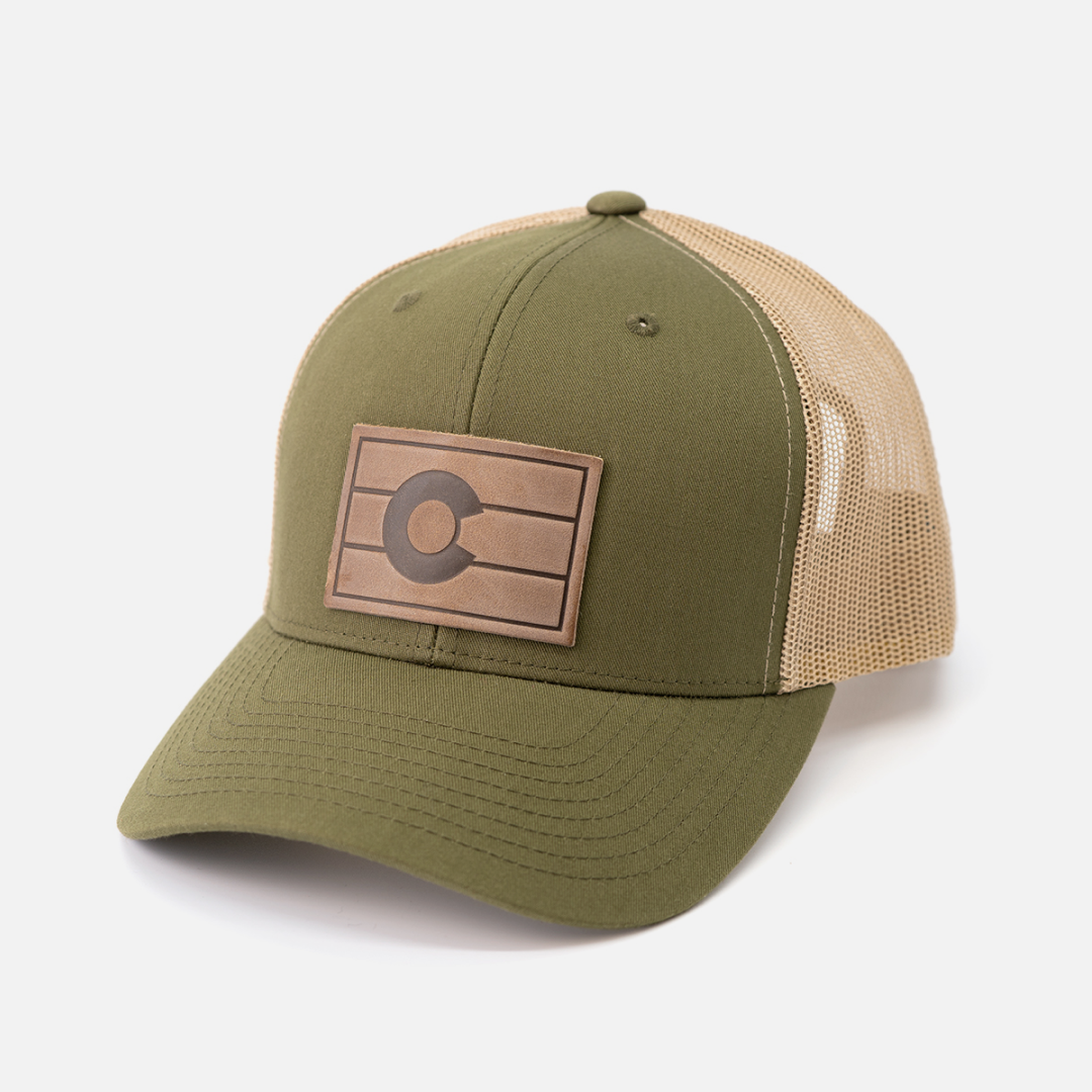Colorado Flag Hat | Leather Patch Trucker Hat: Moss/Khaki