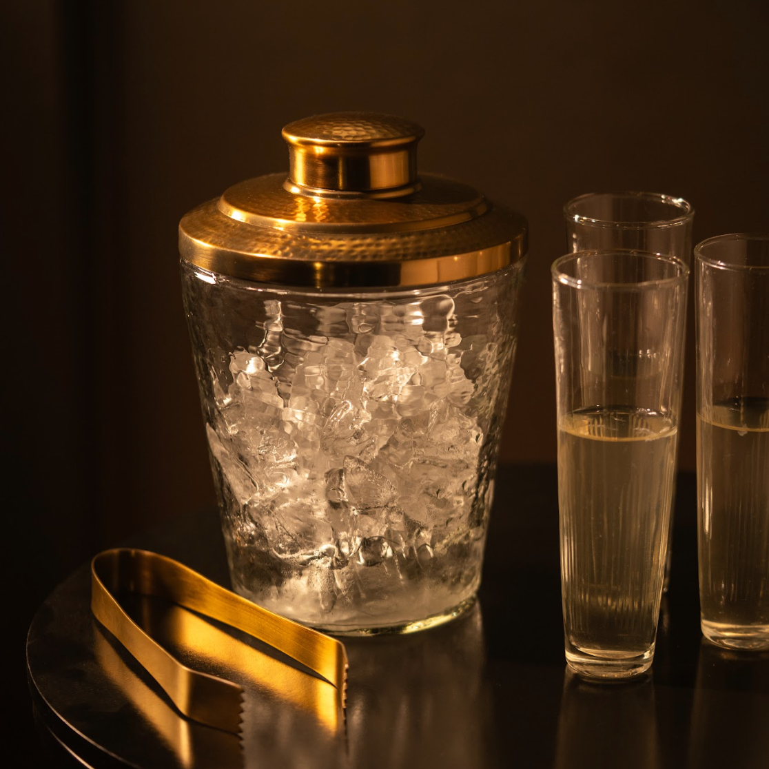 Pebbled Glass Ice Bucket with Brass Tongs 60 oz.