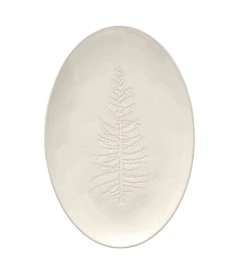 Oval Debossed Stoneware Platter w/ Tree Design