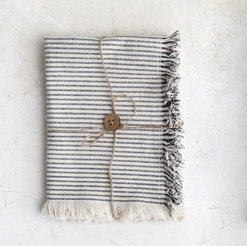 Cotton Tea Towels w Stripes & Fringe