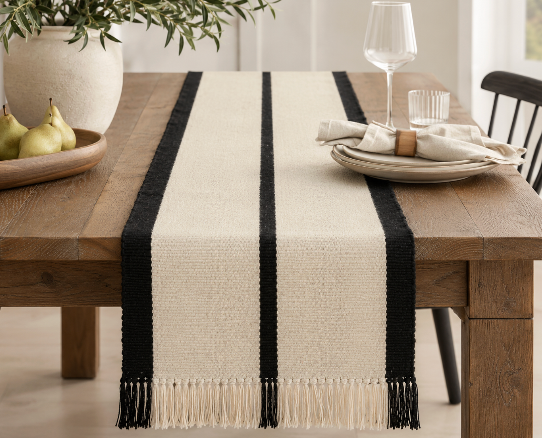 Black & Ivory Woven Cotton Table Runner