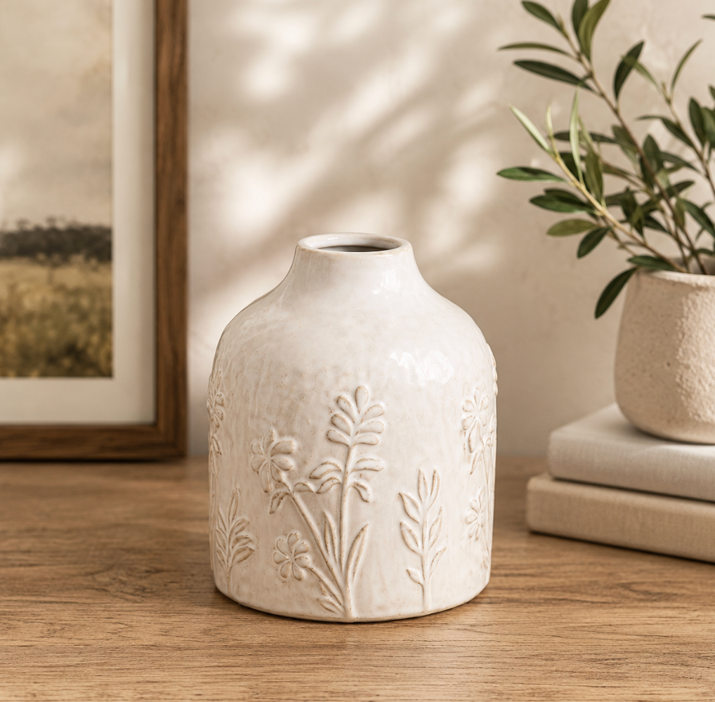 Small White Botanical Ceramic Flower Vase