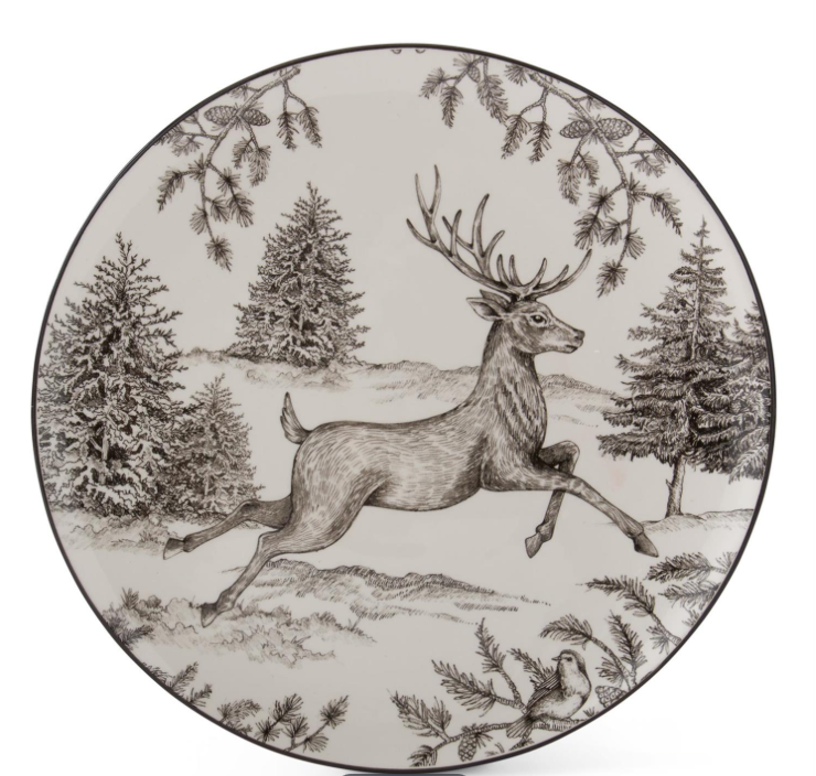 12 inch White and Black Toile with Deer Plate