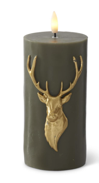 6 in. Green Wax LED Gold Deer Bust Flicker Flame Candle w/Timer