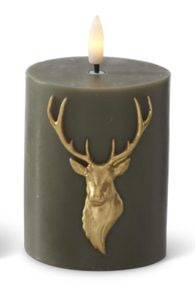 4 in. Green Wax LED Gold Deer Bust Flicker Flame Candle w/Timer
