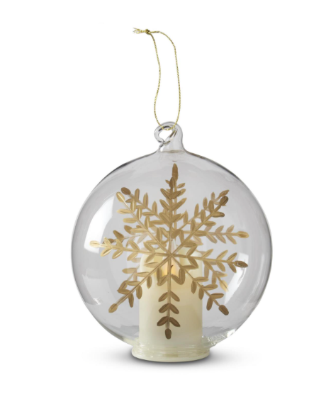 4.75 in. LED Clear Glass Gold Gilded Etched Snowflake Ornament w/Timer