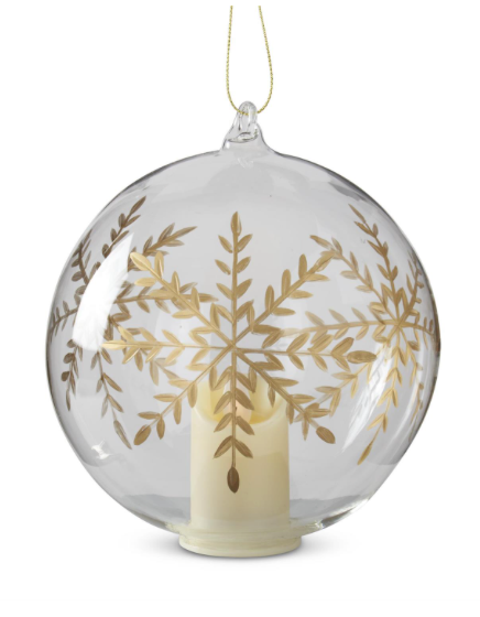 6 in. LED Clear Glass Gold Gilded Etched Snowflake Ornament w/Timer