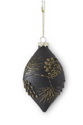 5.25 in. Black w/Gold Glittered Pine Sprigs Teardrop Glass Ornament