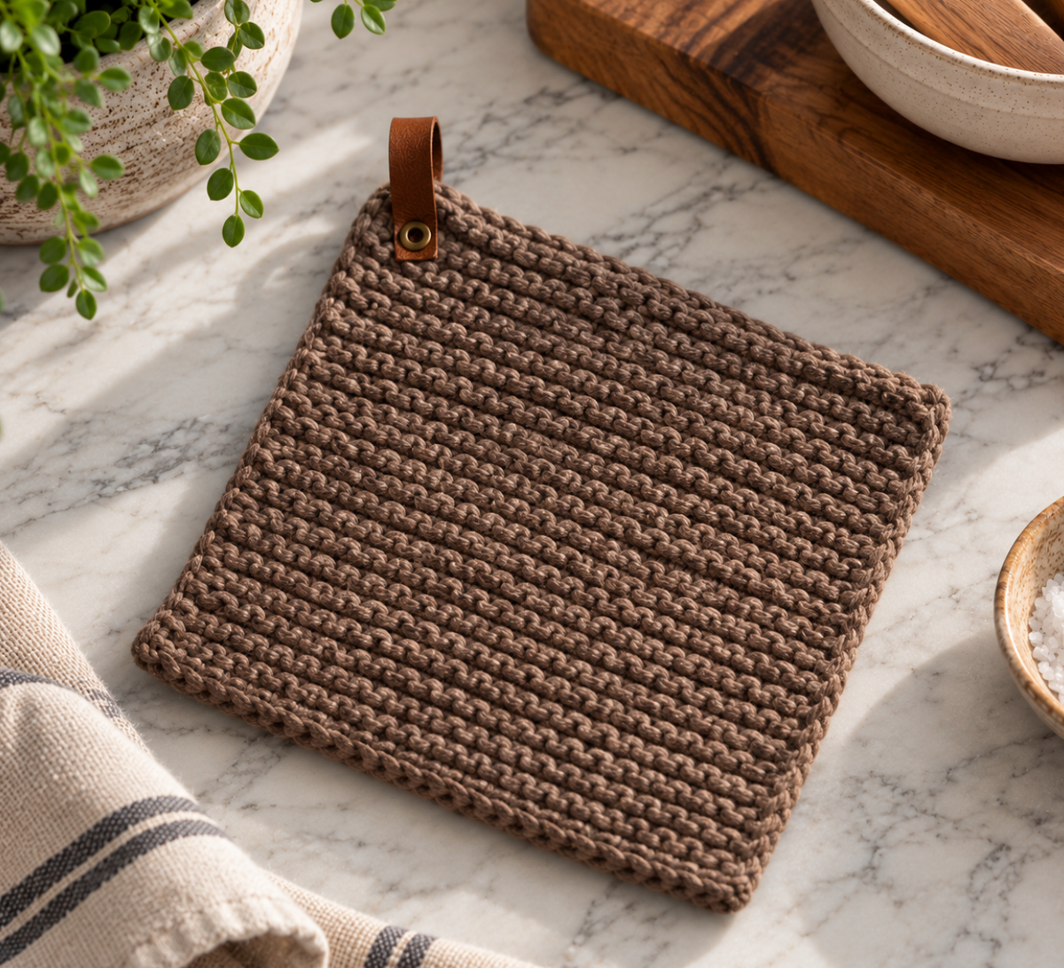 Brown Knitted Cotton Pot Holder