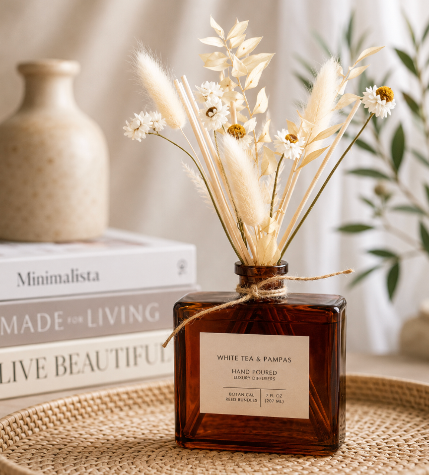 Andaluca White Tea & Pampas Bouquet Reed Diffuser | 7 oz Floral Reed Diffuser