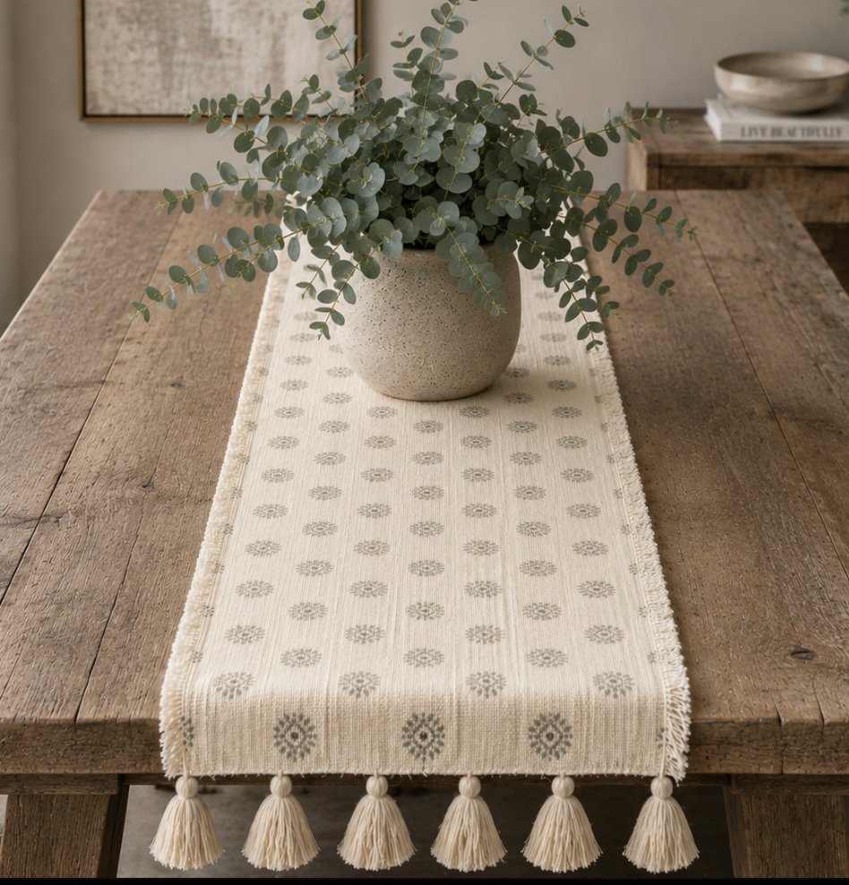Medallion Cotton Table Runner with Tassels