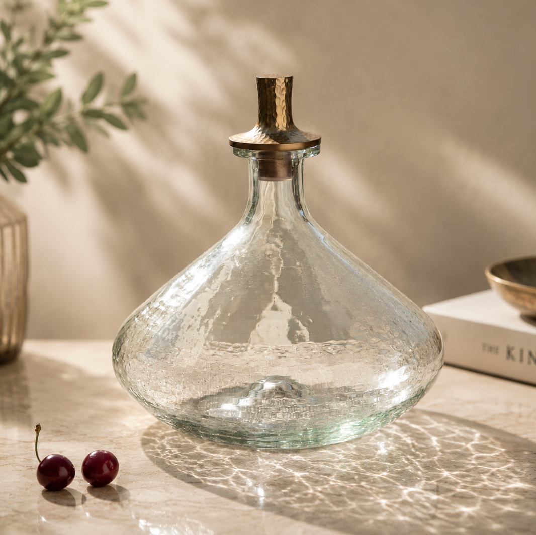 Pebbled Glass Decanter with Antiqued Brass Stopper Wide