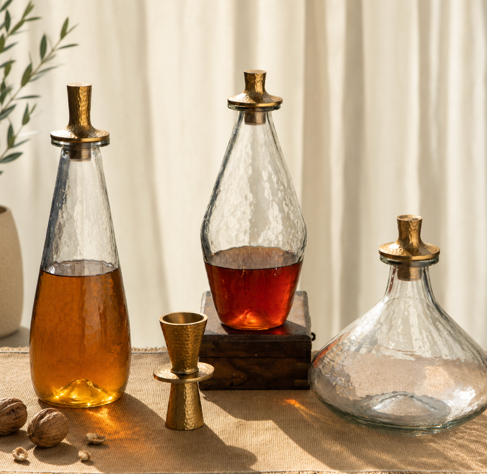 Pebbled Glass Decanter with Antiqued Brass Stopper Wide