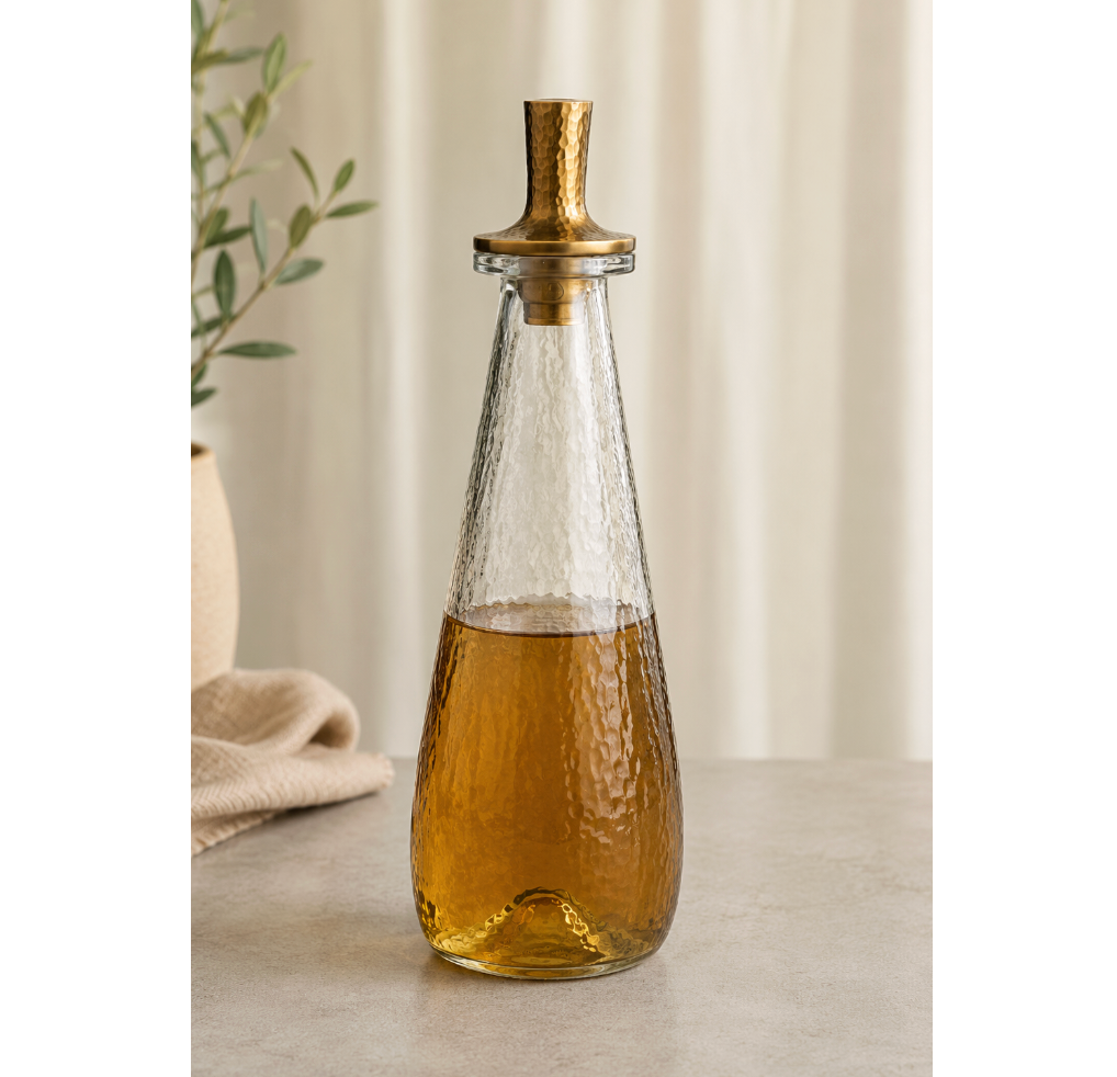 Pebbled Glass Tall Decanter with Antique Brass Stopper