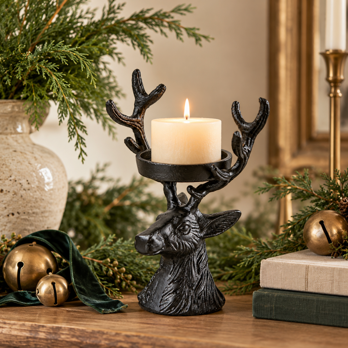 Deer Pillar Holder Black Aluminum Christmas