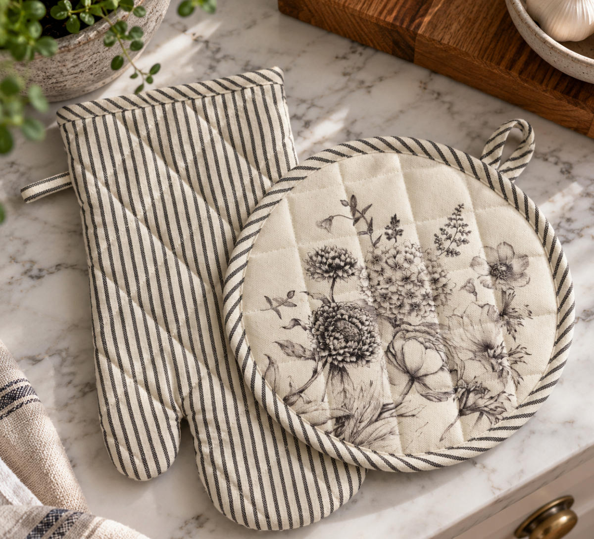 Black and White Botanical Oven Mitt and Pot Holder Set