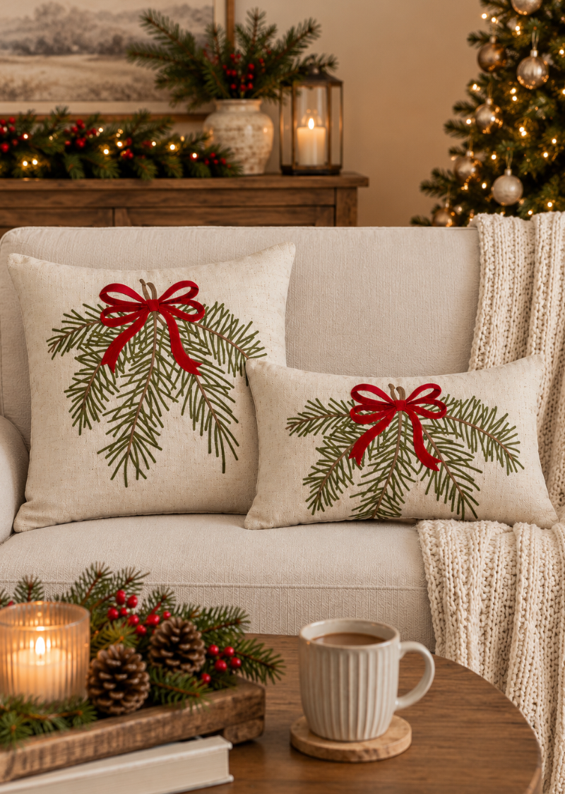 Embroidered Pine Branch & Red Bow Throw Pillow Down-Filled  / 12"x20"