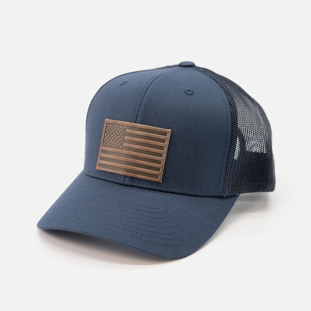 Colorado Flag Hat | Leather Patch Trucker Hat: Navy