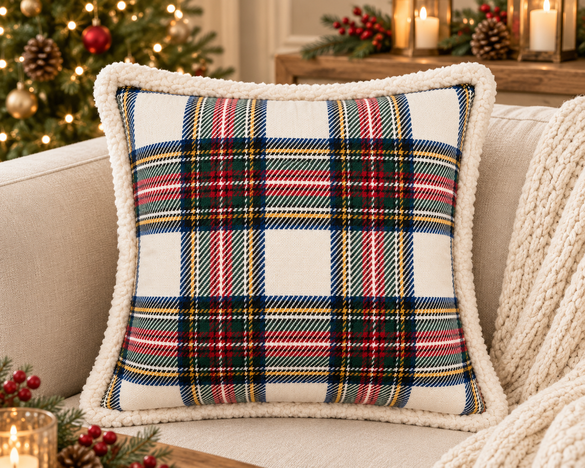 Tartan Plaid Sherpa 18" Throw Pillow : White / Cover + Down-Filled Insert