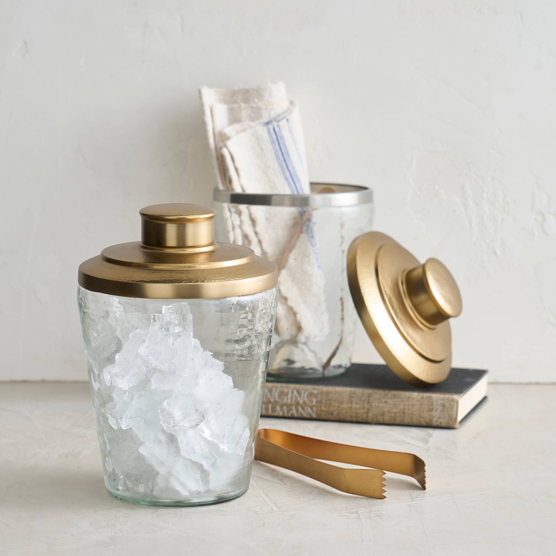 Pebbled Glass Ice Bucket with Brass Tongs 60 oz.